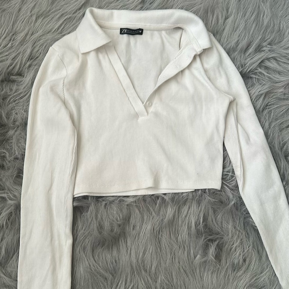 Zara Cream Ribbed Polo Crop Top